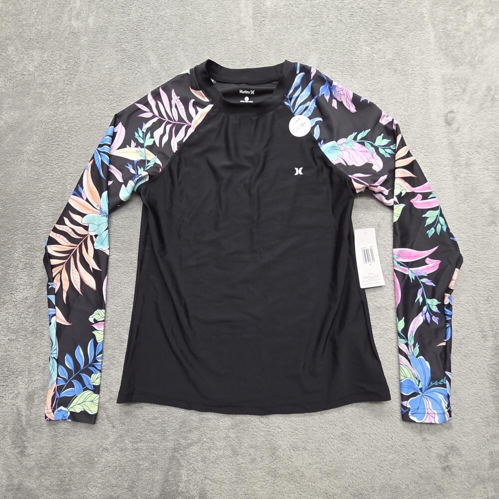 Hurley Rash Guard Womens M Black Floral Long Sleeve UPF 50+ Swim Shirt